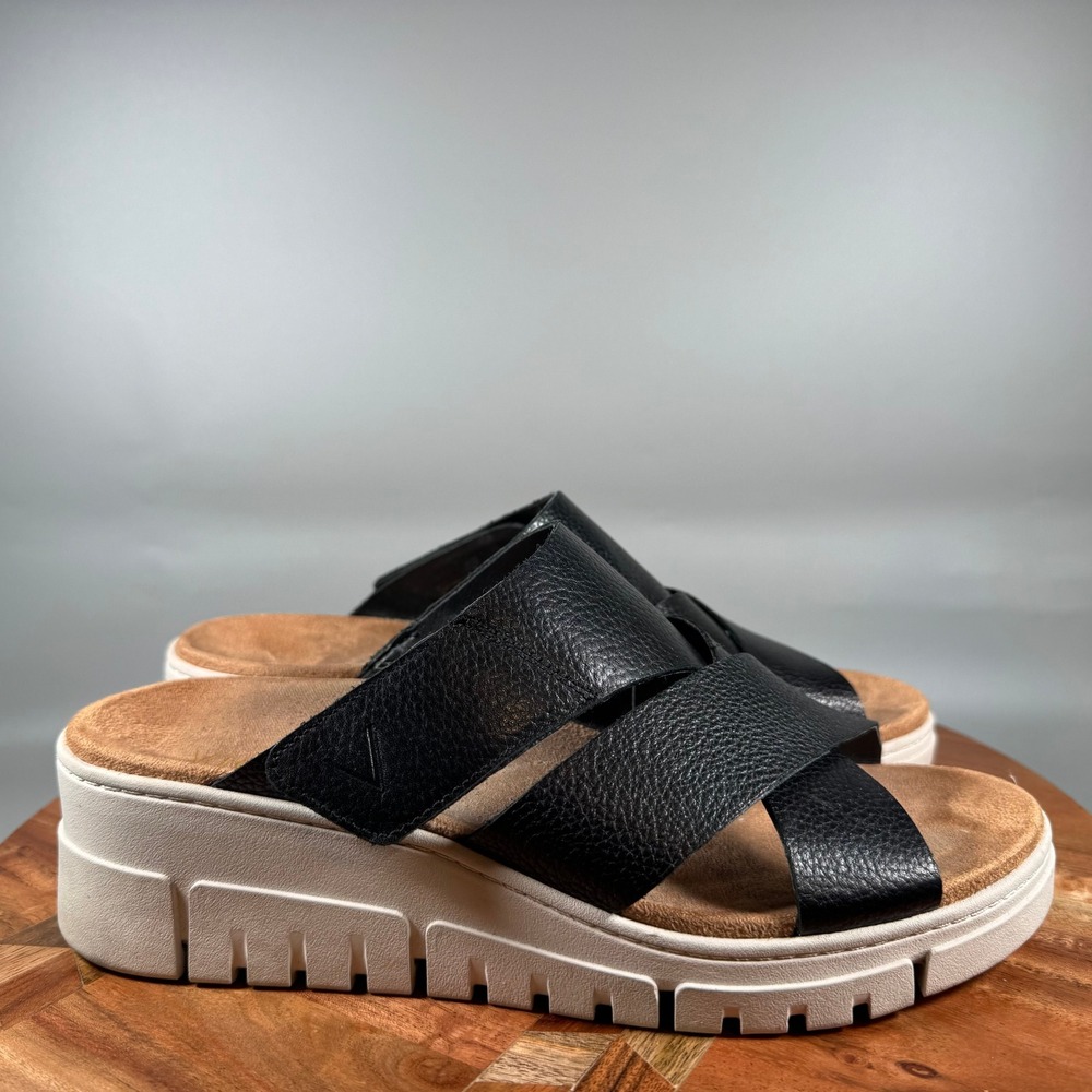 Vionic Uptown Sunset Black Leather Platform Slide Sandals Womens 8.5 Orthotic